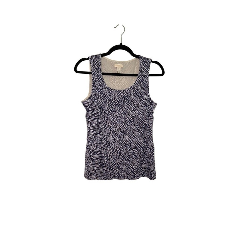 Chicos Tiered Ruffle Tank Top Navy Blue White Dot Print Sleeveless Size 1 M